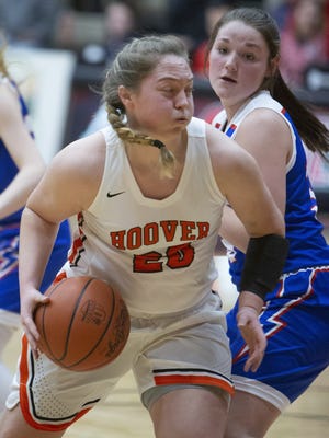 Hoover's Kelsey Kinsley drives to the basket against Lake during the girls division 1 district semifinals at Memerial Fieldhouse in Canton Monday, Feb. 25, 2019. (CantonRep.com / Bob Rossiter)