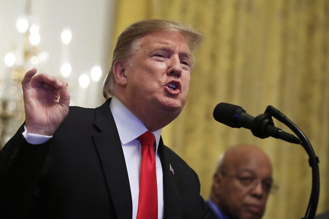 President Donald Trump speaks Thursday during a National African American History Month reception in the East Room of the White House. [AP Photo/Manuel Balce Ceneta]