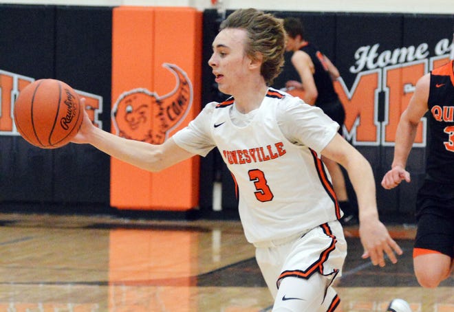 Jonesville´s Connor Lauwers (3) led with 10 points in a season-ending district loss to host Battle Creek Pennfield on Monday. (HDN FILE PHOTO