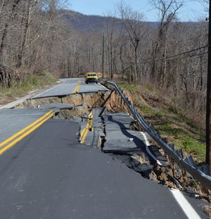 A section of Howard Gap Road, between Indian Mountain Road and Page Mountain Road, has sunken several feet in sections and broken apart following heavy rains over the past year. 

[PATRICK SULLIVAN/TIMES-NEWS]
