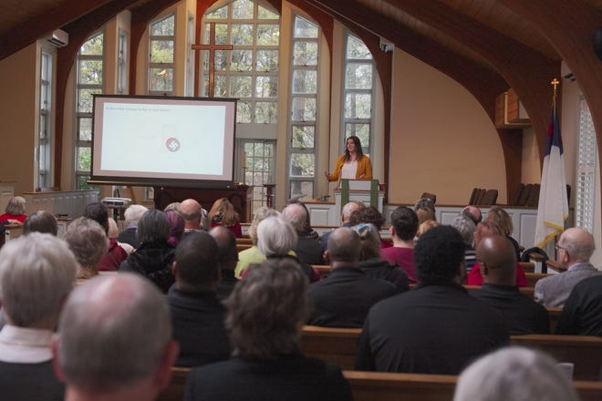 Southern Poverty Law Center outreach manager Kate Chance spoke about "Hate Groups in America". Her talk was part of the United Congregational Church "Second Helping Speaker Series." [PETER SILVIA PHOTO]