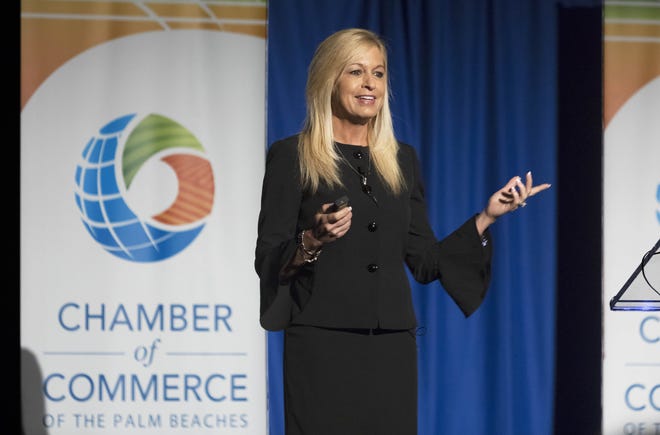 Business Development Board of Palm Beach County President and CEO, Kelly Smallridge speaks during the Chamber of Commerce of the Palm Beaches February breakfast at the Palm Beach County Convention Center on Tuesday in West Palm Beach. [GREG LOVETT /palmbeachpost.com]