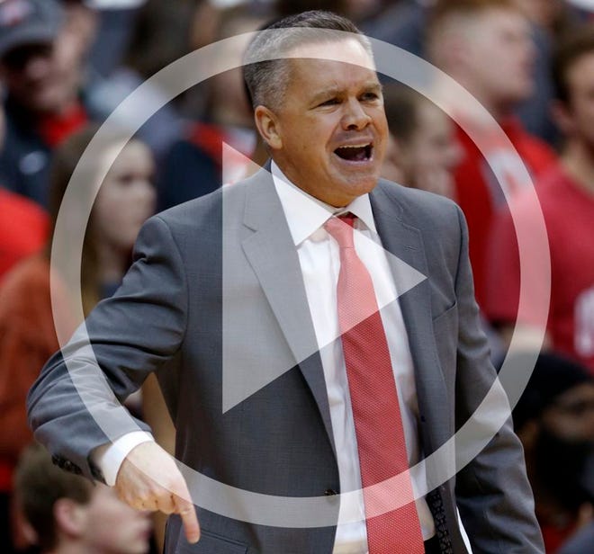 Ohio State coach Chris Holtmann reacts to a call during the first half of the team's NCAA college basketball game against Iowa in Columbus, Ohio, Tuesday, Feb. 26, 2019. Ohio State won 90-70. (AP Photo/Paul Vernon)