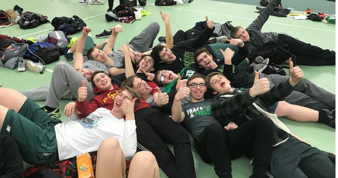 The Maple Leafs have a toss up with several of the Geneseo throwing team members having personal bests at the Cuffy Early Bird Invite Indoor Invite. Pictured are, first row, from left: Tucker Ziegenhorn, Alex McAvoy, Charlie Cathcart, Matt Kozemski, Evan Veloz and Brandon Cathcart. Second row, from left: Nathan McAvoy, Brock Parker, Jacob Jorgensen, Zach Wilson, Rob Stohl, Gavin McGuire and Noah Johnson.