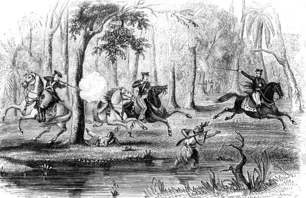 The Army cavalry shooting down Waxe-hadjo in the Seminole War - Florida. Death of Waxe-hadjo, who for months waylaid the express from Fort Cross to Tampa Bay, burnt the mail and killed the riders. Caught by Capt. B.L. Beall, 2nd Dragoons. (State Archives of Florida, estimated date between 1840 and 1841)