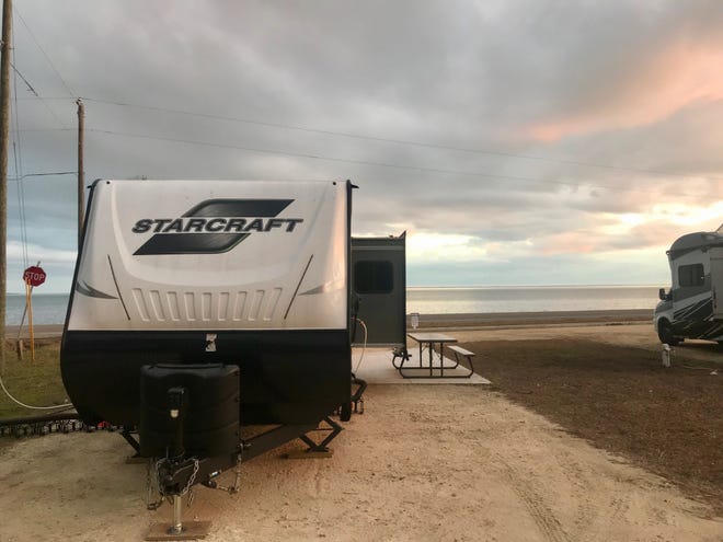 The writer's trailer, parked at a campground on the Gulf of Mexico on the Florida Panhandle. [Photo by Rick Holmes]