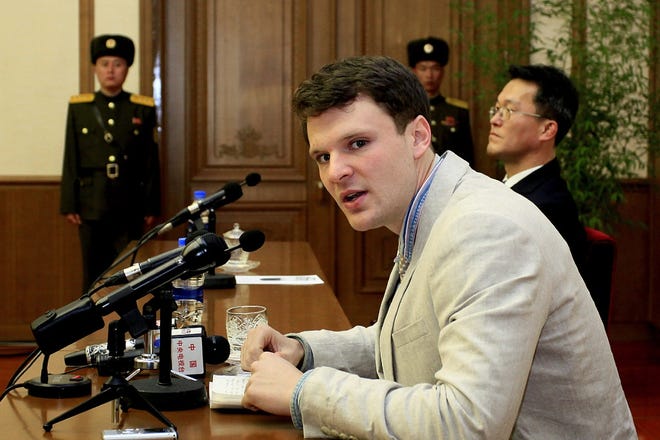 In this Feb. 29, 2016 file photo, American student Otto Warmbier speaks as Warmbier is presented to reporters in Pyongyang, North Korea.(AP Photo/Kim Kwang Hyon)