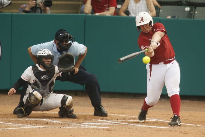 Alabama utility Bailey Hemphill (16) slaps a hit into the gap driving in Alabama's first two runs against Oregon State during the NCAA Tuscaloosa Regional in Rhoads Stadium Sunday, May 20, 2018. [Staff Photo/Gary Cosby Jr.]