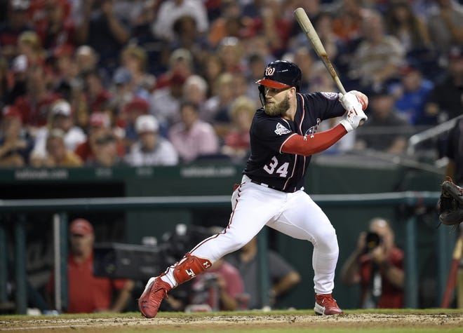 Washington Nationals' Bryce Harper bats during a game against the New York Mets on Sept. 21, 2018, in Washington. Harper's deal with Philadelphia has the Phillies thinking about the playoffs. [AP Photo/Nick Wass, File]