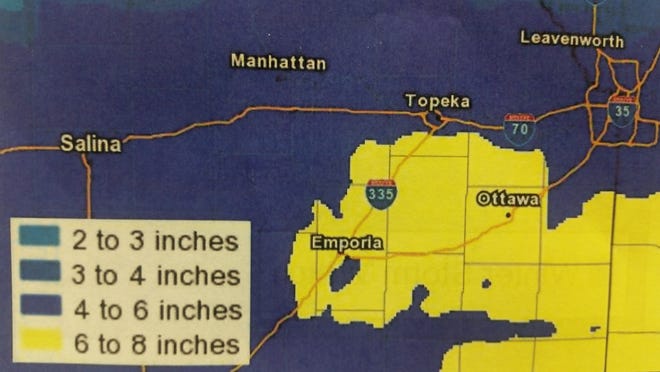 The National Weather Service early Friday put out this graphic show four to six inches of snow are expected to fall late Saturday and Sunday in Topeka, with six to eight inches expected south of the capital city, including in southern Shawnee County. [National Weather Service]