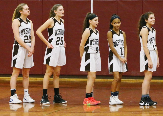Left to right, Jessica Carney, sophomore, Lily Pichette, freshman, Leah Sylvain, 8th grade, Sarah Edwards, 8th grade, and Abbie Zuber, 8th grade, helped Westport reach the Div. 4 South quarterfinals this season despite their collective youth. [MIKE VALERI/THE STANDARD-TIMES/SCMG]