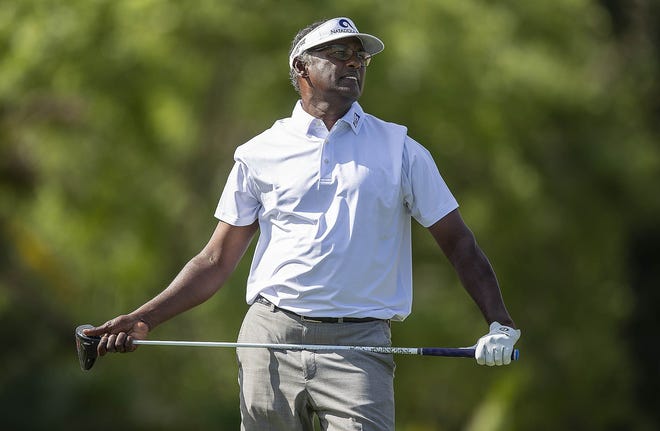 Vijay Singh watches his tee shot on the 8th hole during the final round of the Honda Classic, Sunday at PGA National Resort and Spa in Palm Beach Gardens, March 3, 2019. Singh finished in sixth place. (ALLEN EYESTONE/The Palm Beach Post)