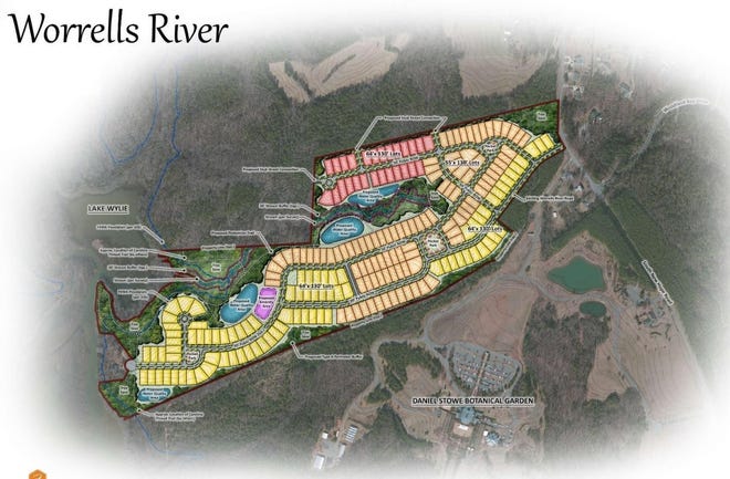 This site plan shows the proposed layout of the 209-home Worrells River community, which would be built on 87.5 acres just north of Daniel Stowe Botanical Garden in Belmont. [Courtesy: Fielding Homes]