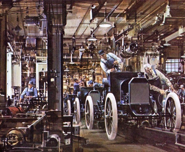 Henry Ford’s Model T was the first mass produced car in America and lasted until 1927, when the Model A appeared in December of 1927. Thanks to the moving assembly line, Ford was able to produce its 10 millionth Model T by 1924. [Ford Motor Company]