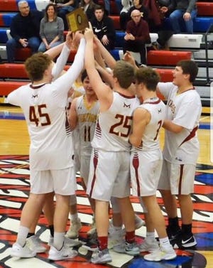 Mission Valley's boys celebrate ending a 31-year state tournament drought with last Saturday's 53-51 win over Hillsboro in the Class 2A sub-state championship game. The Vikings take a 17-5 into this week's Class 2A state tournament in Hays. [Submitted]