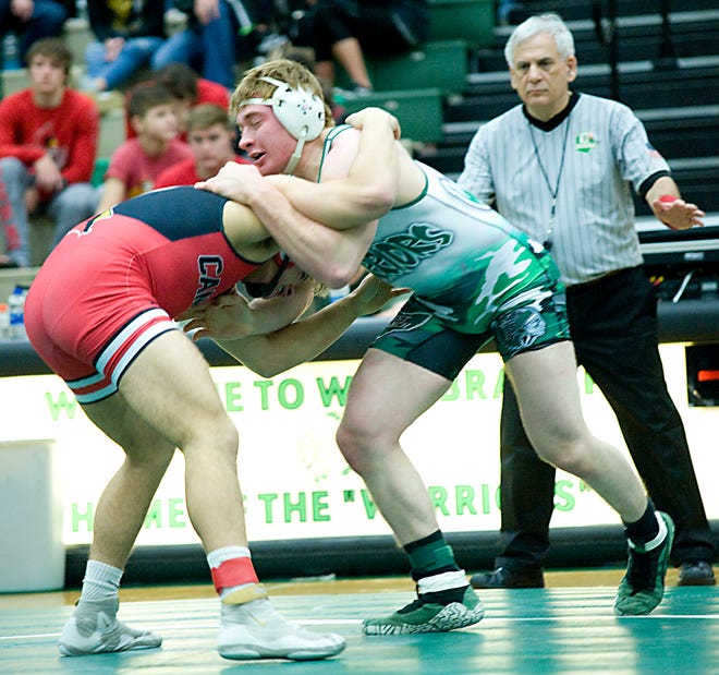 West Branch's Neil Ginnetti wrestles Canfield's Anthony D'Alesio in the championship match of the 182-pound class during the OHSAA Division II sectional tournament at West Branch High School Saturday Feb. 23.