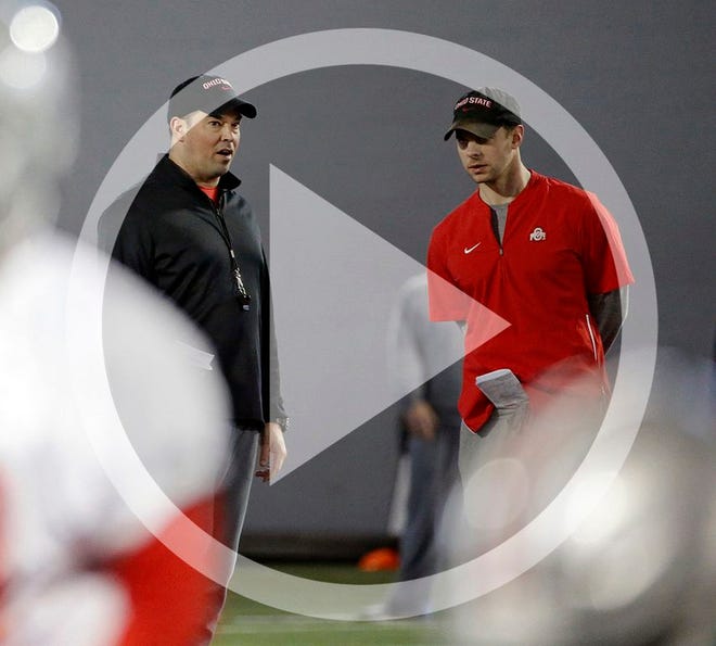 Ohio State Buckeyes head coach Ryan Day watches practice during the first day of spring practice at Woody Hayes Athletic Center in Columbus, Ohio on March 6, 2019.