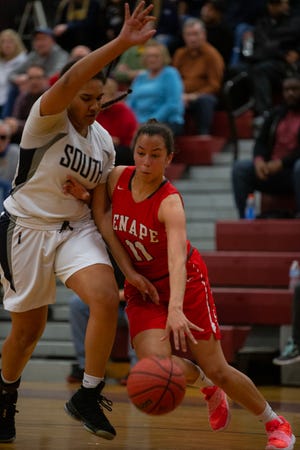 Lenape's Nevaeh Sutton pushes against the Middletown South defense at Central Regional High School on Wednesday. [DAVE HERNANDEZ / PHOTOJOURNALIST]