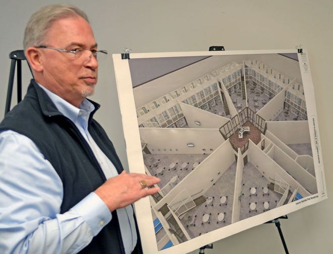 Joe Mrak displays the cell pod concept for the new Branch County Jail to the county planning commission Wednesday.