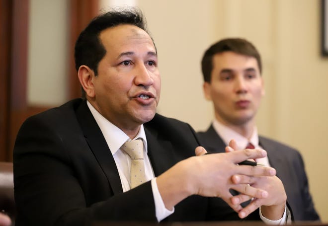 Rep. Carlos Gonzalez, chairman of the Black and Latino Legislative Caucus, said the state's workforce should reflect the diversity of its population. [Photo: Sam Doran/SHNS]