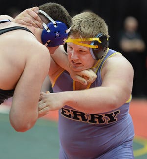 Perry's Max Millin defeats Grafton Midview's Daniel Bucknanvich in the quarterfinals at 285 pounds to advance to the semifinal round at the OHSAA State Wrestling Tournament, March 8, 2019. (CantonRep.com / Ray Stewart)