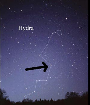 This is the western portion of the constellation Hydra, showing the “head” at top. An arrow points to Hydra’s brightest star, Alphard in this adapted picture. [Till Credner/AlltheSky.com/Wikimedia Commons]