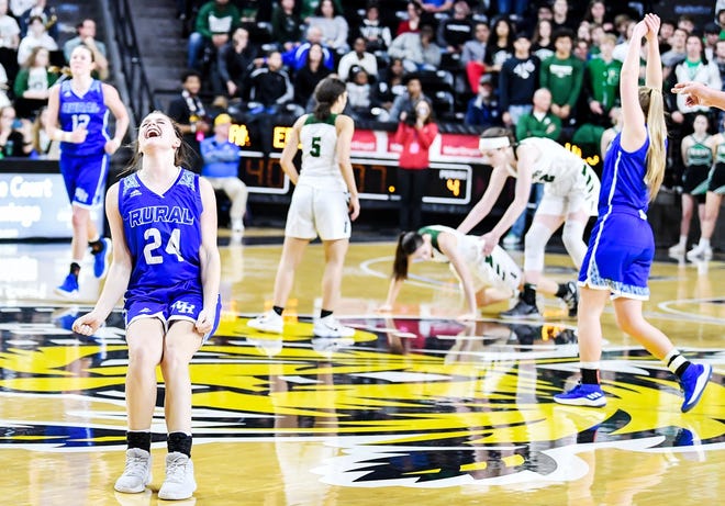 Washburn Rural players celebrate after defeating the Derby Panthers during Friday's 6A state girls semifinals at Charles Koch Arena in Wichita. The Junior Blues will face Topeka High in the 6A championship game Saturday. [Kelly Ross/GateHouse Kansas]