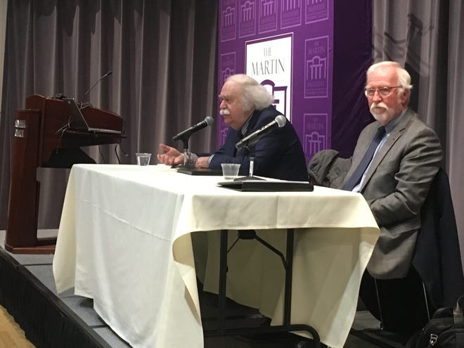 From left, Jack Levin and Jack McDevitt, authors of Hate Crimes: The Rising Tide of Bigotry and Bloodshed, spoke at Stonehill College in Easton about the rise of hate crimes. 

Photo by Anastasia Pumphrey
