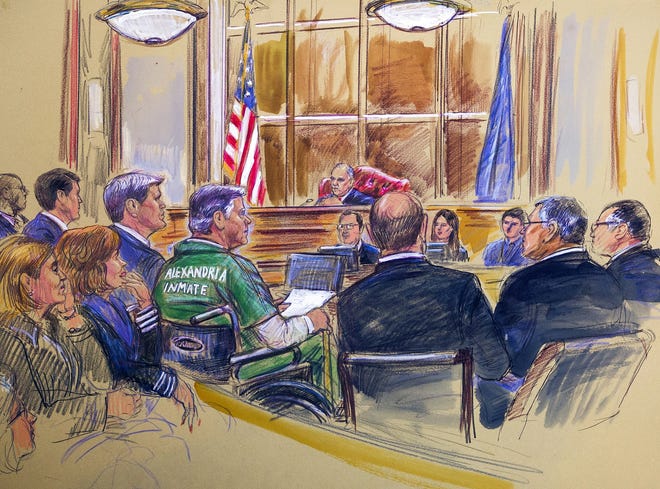 This courtroom sketch depicts former Trump campaign chairman Paul Manafort, center in a wheelchair, during his sentencing hearing in federal court before judge T.S. Ellis III in Alexandria, Va., Thursday. [Dana Verkouteren via AP]