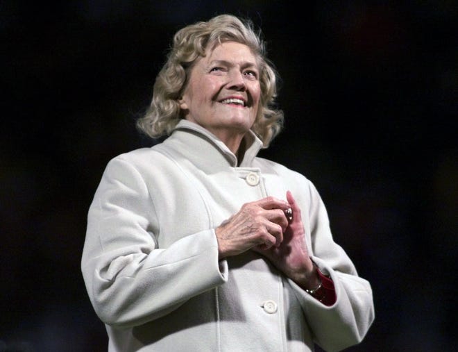 Julia Ruth Stevens, the daughter of baseball legend Babe Ruth, prepares to throw out the ceremonial first pitch at the start of Game 5 of the American League Championship Series on Oct. 18, 1999 at Fenway Park in Boston. Julia Ruth Steven has died at age 102. [ELISE AMENDOLA/AP FILE PHOTO]
