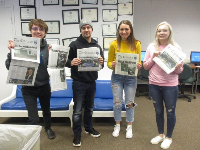 From left to right award winners and Bucks County Community College Centurion staff writers Francis Klingenberg, Matthew Aquino, Sarah Siock and Keri Marable were part of the team to receive a record-number of Keystone awards for student journalists. [Courtesy of Jared Roberts]