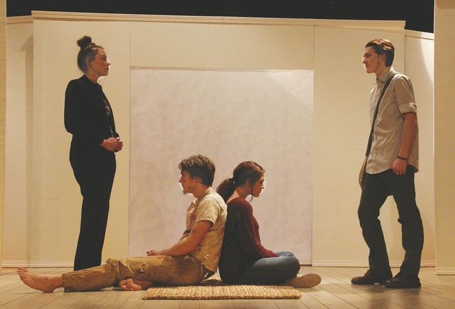 KHS drama students, from left, Kennedy Raes, Jack Watson, Haley Hamilton and Dylan Wolf strike poses to highlight the themes and intensity of this year’s contest play, "Two Rooms." The group is offering a free community performance at 7 p.m. tonight at KHS’s Petersen Auditorium.