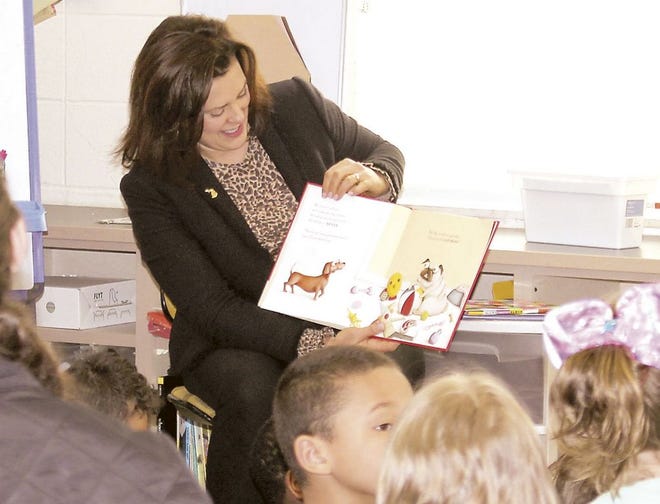 Gov. Gretchen Whitmer reads to students in Three Rivers.