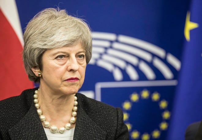 Britain's Prime Minister Theresa May, speaks during a media conference after a meeting with European Commission President Jean-Claude Juncker at the European Parliament in Strasbourg, eastern France, Monday, March 11, 2019. Prime Minister Theresa May is making a last-ditch attempt to get concessions from EU counterparts on elements of the agreement they all reached late last year. (AP Photo/Jean-Francois Badias)