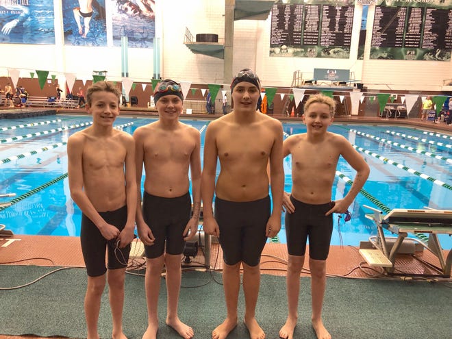 The Orrville YMCA swim team will have four swimmers competing the Great Lake Zone Meet at Ohio State March 15-17. The 11-12 boys team of (from left) Trei Durstine, Parker Gravatt, Noah Michaels and Tyler Stoffer qualified in both the 200-yard medley and 200 freestyle relays, while Micheals also qualified in five individual events.