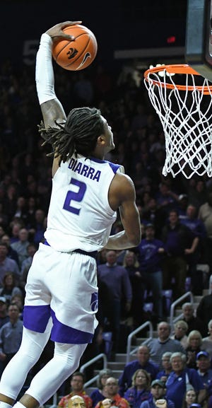 After missing eight games with a fractured finger, K-State siixth man Cartier Diarra hopes to return in some capacity today as the Wildcats face TCU in the Big 12 tournament quarterfinals. [SCOTT WEAVER / K-STATE ATHLETICS]