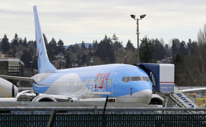 A Boeing 737 MAX 8 airplane being built for TUI Group sits parked at Boeing Co.'s Renton Assembly Plant in Renton, Wash. [AP / Ted S. Warren]