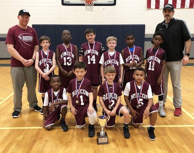 Back row, from left, are: Coach Patrick McClure, Jackson Raley, S'Zavier House, Tanner Horton, Jackson McClure, Peyton Bean, Kaleb Griffin and Coach Blake Raley. Front row, from left are: Holden Lloyd, Cade Womack, Cal Womack and Avery Grant. [COURTESY RINCON RECREATION]