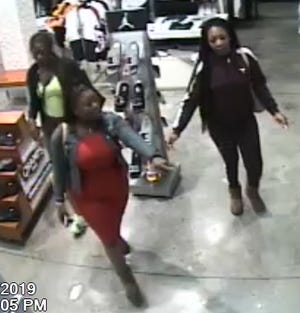 Southside Precinct detectives need the public’s help identifying two women involved in a shoplifting incident at the Oglethorpe Mall. One of the women, Raven Allen, 23, who is pictured in the green shirt, has been identified and is facing a charge of shoplifting. Detectives are still seeking to identify the other two women. [Courtesy Savannah police]