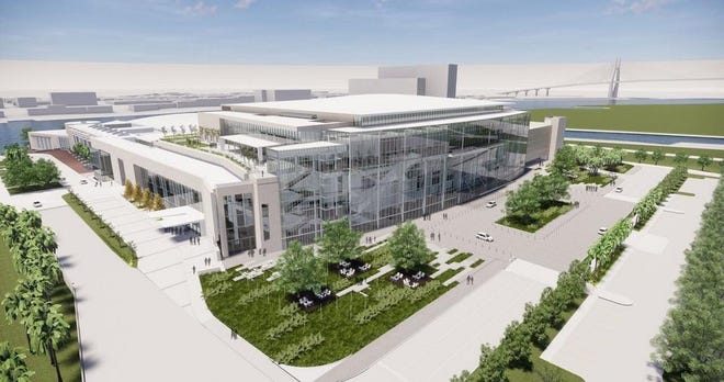 A proposed expansion for the Savannah Convention Center would double the exhibit hall space, add a 60-foot-wide hangar door, new entrance with an all-glass facade, outdoor space, a 40,000-square-foot ballroom, 15 meeting rooms and 900 parking spaces. A new hotel will also be constructed on the western side. [Rendering courtesy of TVS Design and Hansen Architects]