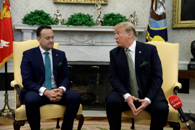 President Donald Trump meets with Irish Prime Minister Leo Varadkar in the Oval Office of the White House, Thursday, March 14, 2019, in Washington. (AP Photo/ Evan Vucci)