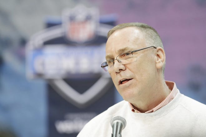 Cleveland Browns general manager John Dorsey speaks during a news conference at the NFL scouting combine Feb. 28 in Indianapolis. [February 2019 file photograph/The Associated Press]