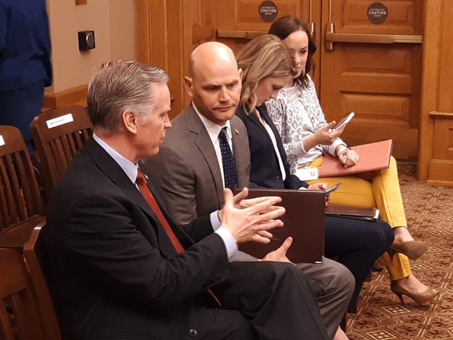 Secretary of State Scott Schwab, center, recommended an amendment to the Kansas Constitution unanimously approved Thursday by the Kansas Senate. If passed by the House and by Kansas voters in November, the state would stop adjusting census figures to match hometown preferences of military members and college students for purpose of legislative redistricting. [February 2019 file photo/The Capital-Journal]