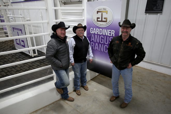 Garth, Greg and Mark Gardiner, pictured left to right, stand in the sale ring at the Gardiner Angus Ranch Marketing Center March 13, 2019. Two years after the Starbuck Fire burned across much of the Gardiner Ranch, operations are back to levels above the pre-fire ranch. [Chance Hoener/HUTCHNEWS]