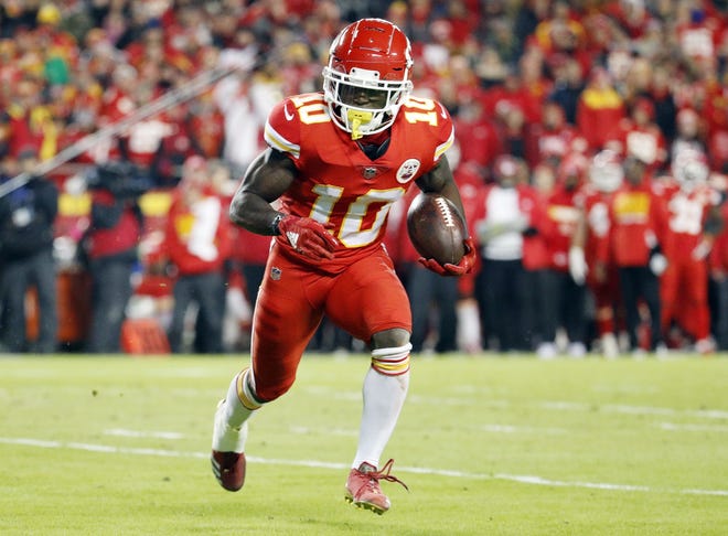 The Kansas City Chiefs are investigating an incident in which star receiver Tyreek Hill was involved in a domestic battery episode in suburban Kansas City earlier this week. [December 2018 file photograph/The Associated Press]