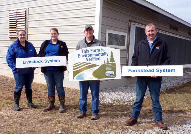 Stateline Farm, located in Bronson, received its MAEAP verifications earlier this week. Pictured includes Shelby Burlew, MAEAP verifier, Cailie Williams, farm manager, Andy Flickinger, broiler manager and Kevin Diehl, vice president of plant operations.