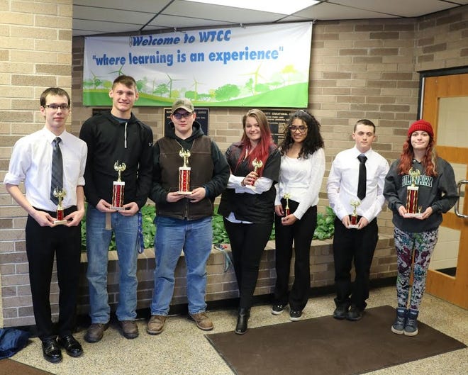 Students from the Wayne Technical and Career Center place at the SkillsUSA regional competition at Alfred State. Pictured, from left, are Johnathan Jones, James Flannery, Eddy Brennessel, Alyson Pero, Porschia Wilson, Justin Decker and Rebekka Abrams. [PHOTO PROVIDED]