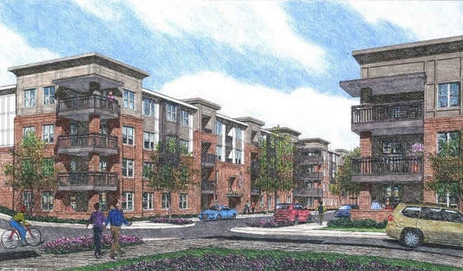 A rendering of the proposed four-story apartment community that a developer hopes to construct in Belmont. [Morris Kaplan Residential]