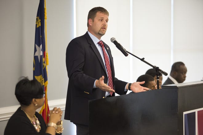 City Manager Tony Sears addresses the community during a public hearing hosted by City Council members regarding the future of the Woodmen Community Center on Tuesday, June 12, 2018. [Madeline Gray / Free Press]