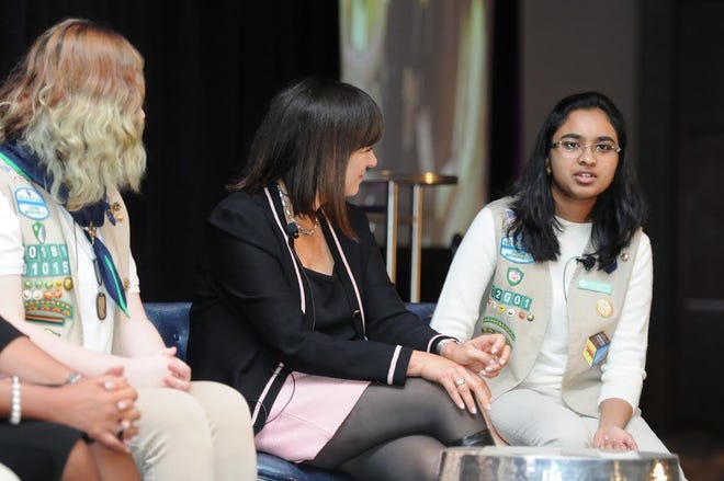 Amiya Subramanian, right, speaks during a fireside chat at Girl Scouts of Eastern Massachusetts’ Leading Women Awards on March 7 in Boston. [Courtesy Photo / Randy H. Goodman]